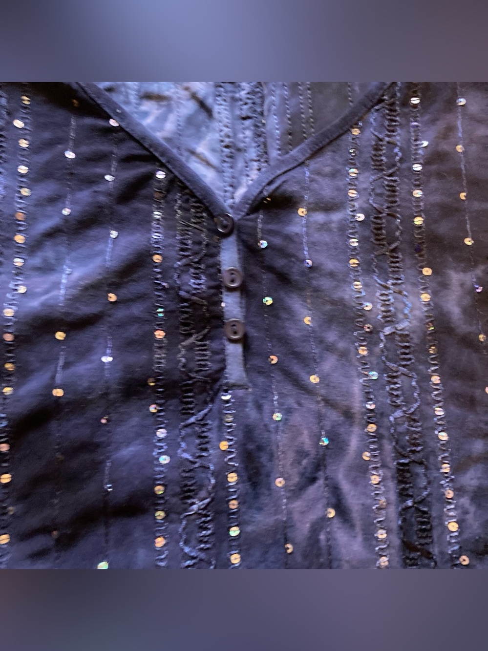 Sleeveless Navy V-Neck Top with Batik-Like Pattern and Sequin Detail - Picture 7 of 8